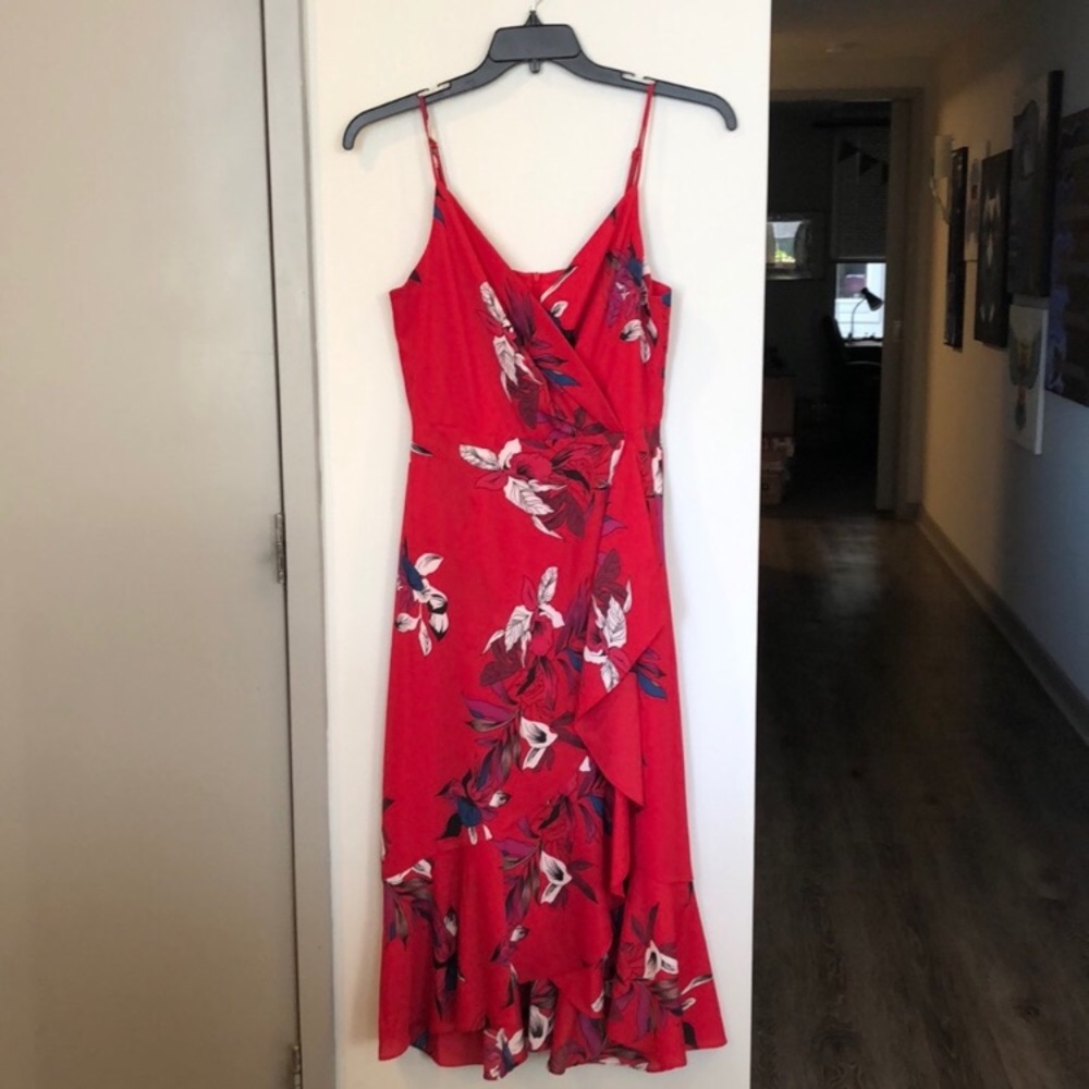 Red floral midi dress with ruffle